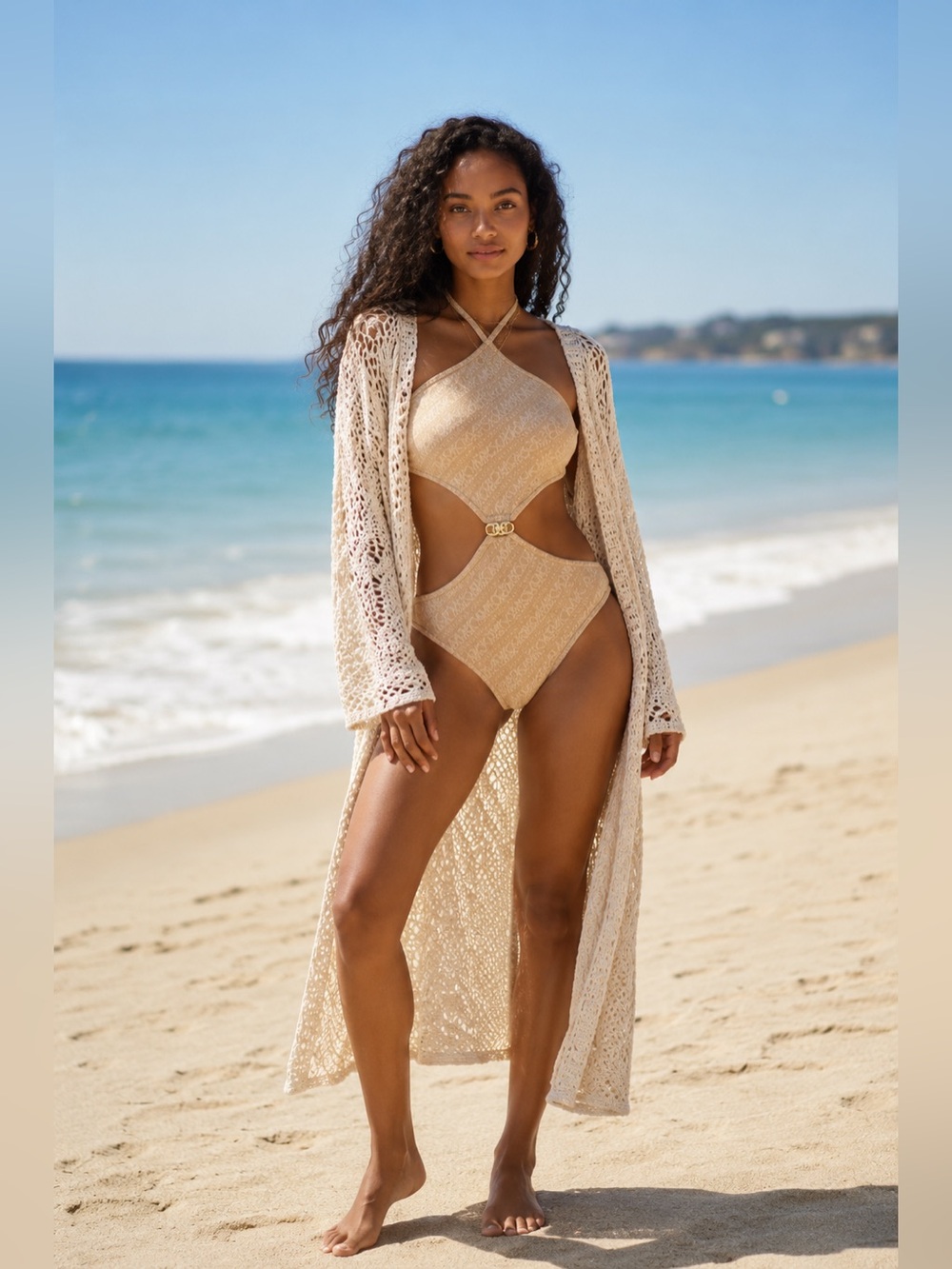 Sz 4 MICHAEL MICHAEL KORS LOGO-PRINT CUT-OUT ONE-PIECE SWIMSUIT NWT $134 MSRP